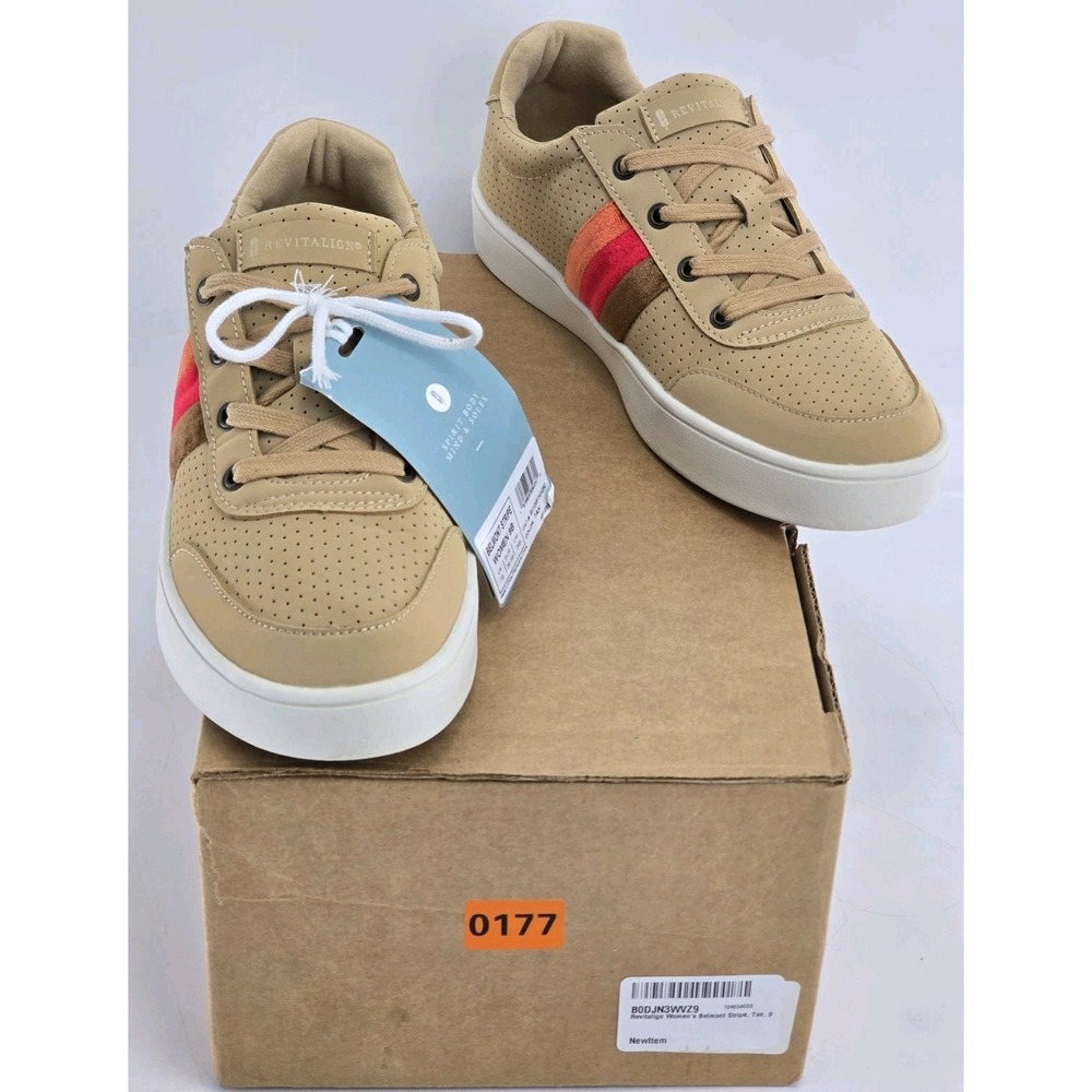 Revitalign Women Sz 9 Tan Belmont Stripe Velvet Trim Orthotic Casual Sneaker NIB